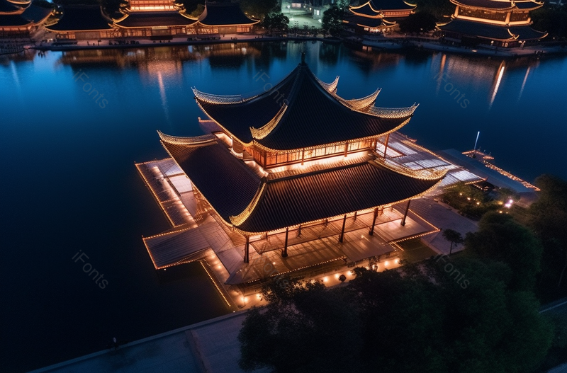 上海广富林遗址公园航拍夜晚的亭台,高清,摄影图,摄影图片,图片大全,摄影图免费下载